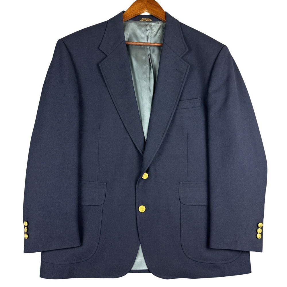 Stafford Mens Navy Blue Worsted Wool Blend Blazer Gold Crest Button Jacket 42S